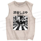 Unisex Shibuya Cows Printed Washed Tank Top