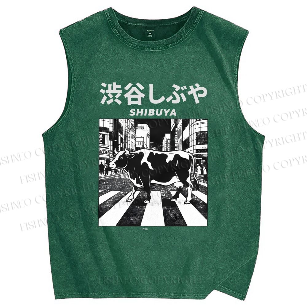 Unisex Shibuya Cows Printed Washed Tank Top