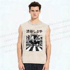 Unisex Shibuya Cows Printed Washed Tank Top