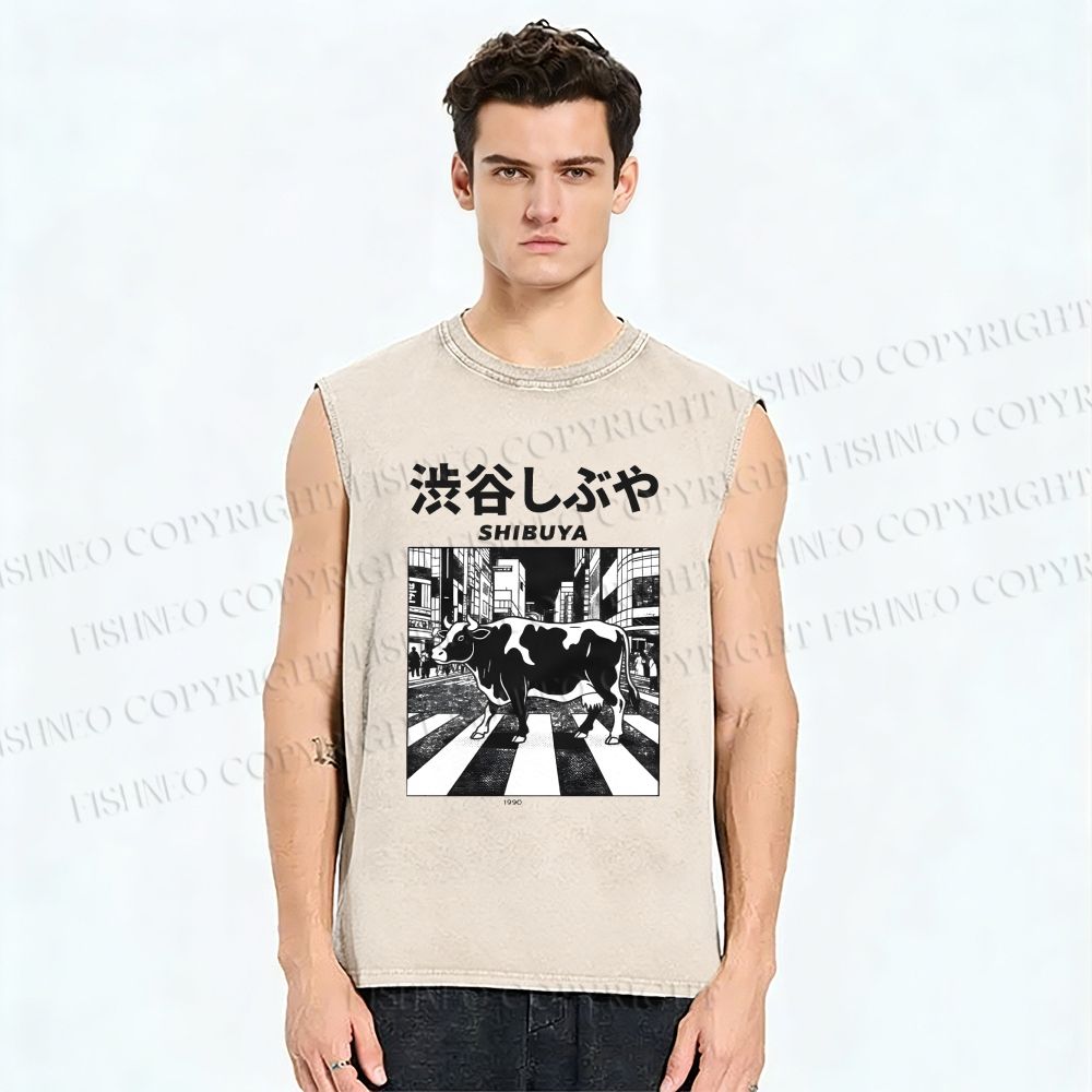 Unisex Shibuya Cows Printed Washed Tank Top
