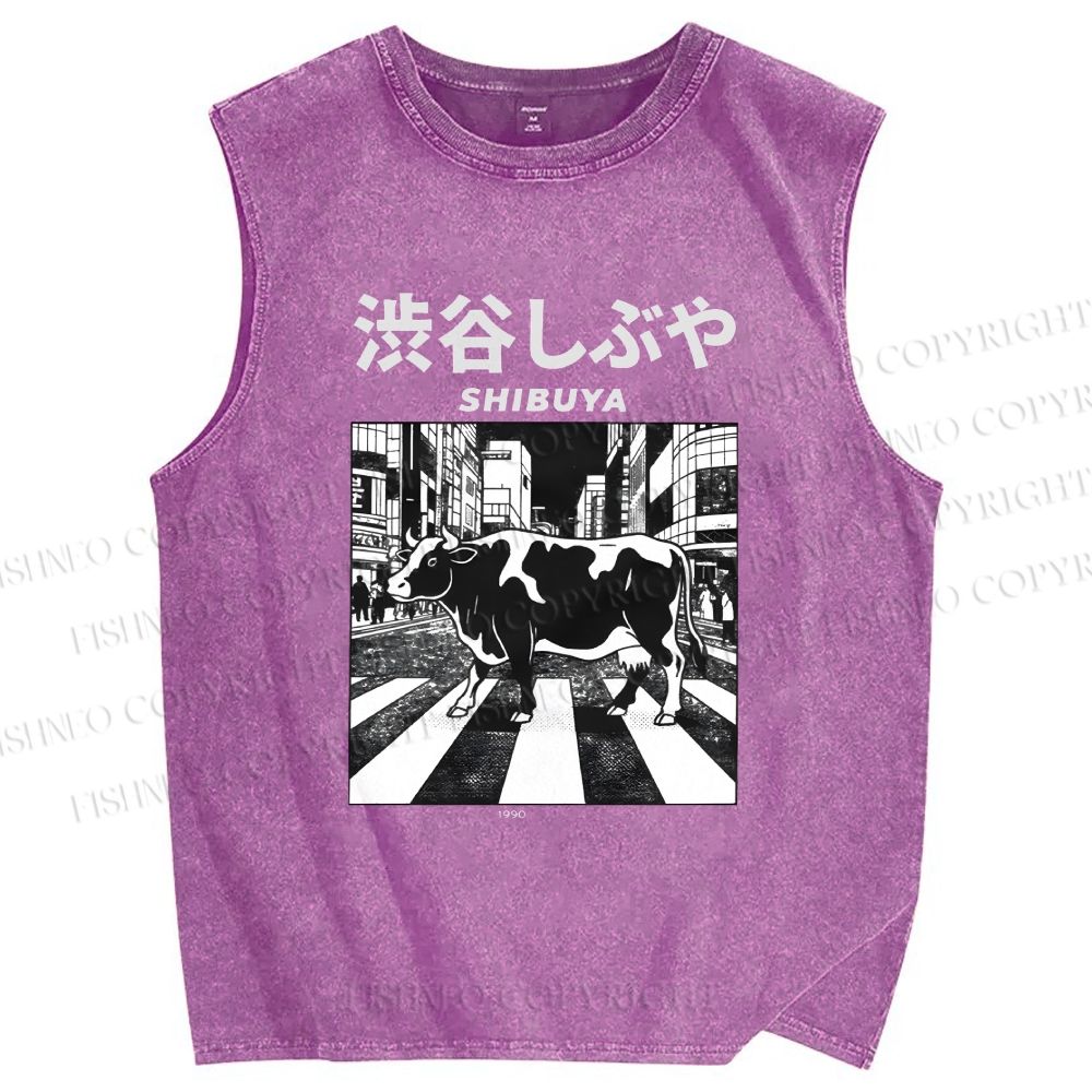 Unisex Shibuya Cows Printed Washed Tank Top