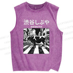 Unisex Shibuya Cows Printed Washed Tank Top
