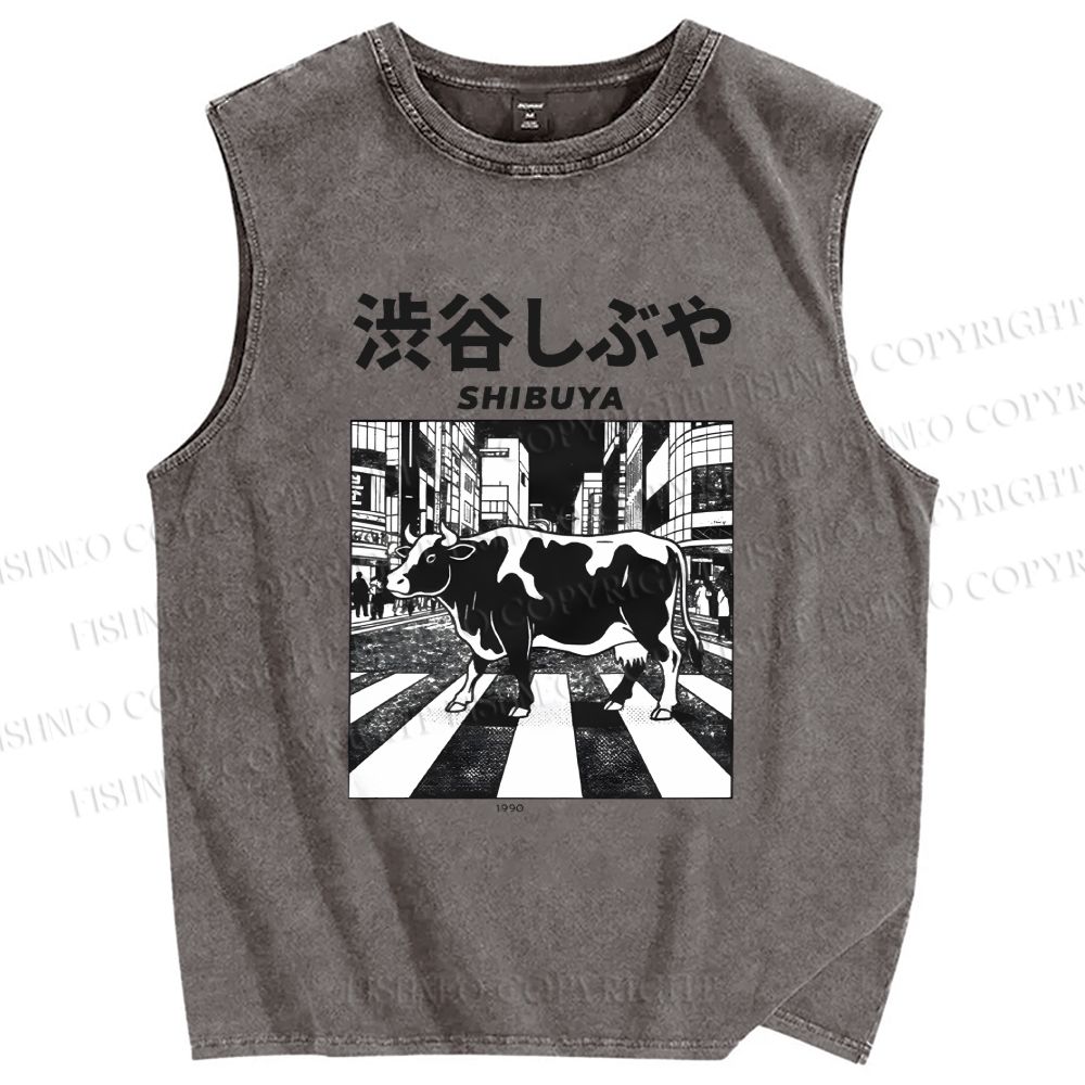 Unisex Shibuya Cows Printed Washed Tank Top