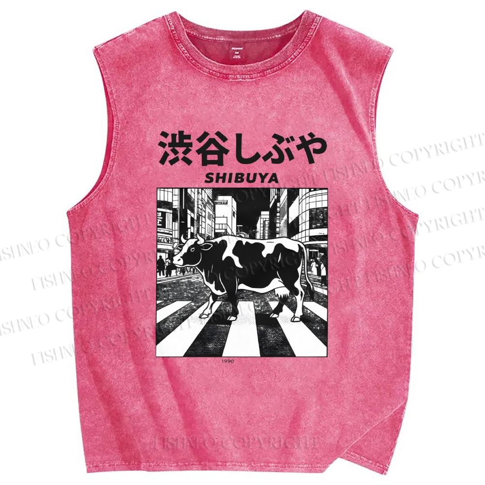 Unisex Shibuya Cows Printed Washed Tank Top