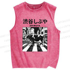 Unisex Shibuya Cows Printed Washed Tank Top