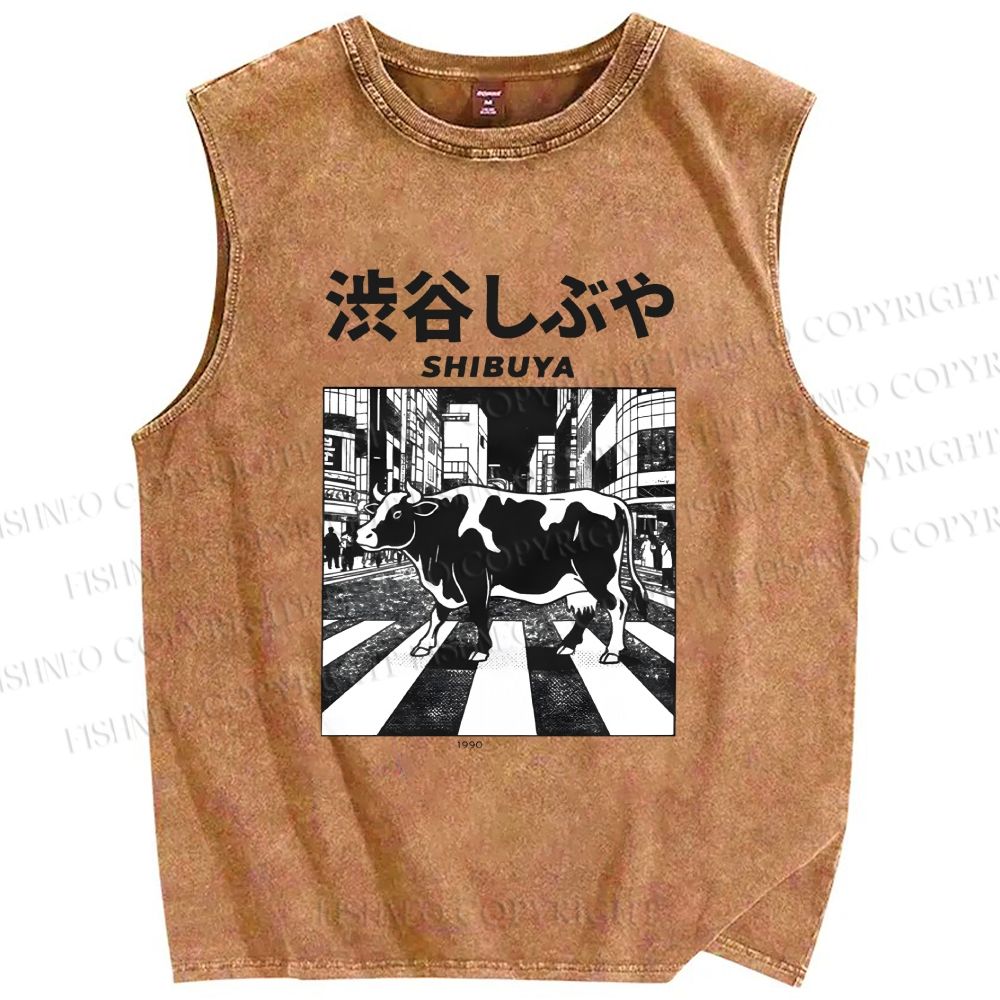 Unisex Shibuya Cows Printed Washed Tank Top