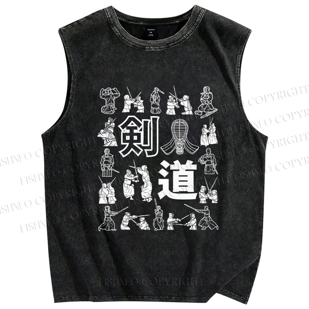 Unisex Kendo Form Diagram Printed Washed Tank Top