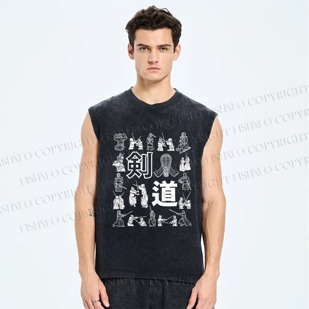 Unisex Kendo Form Diagram Printed Washed Tank Top