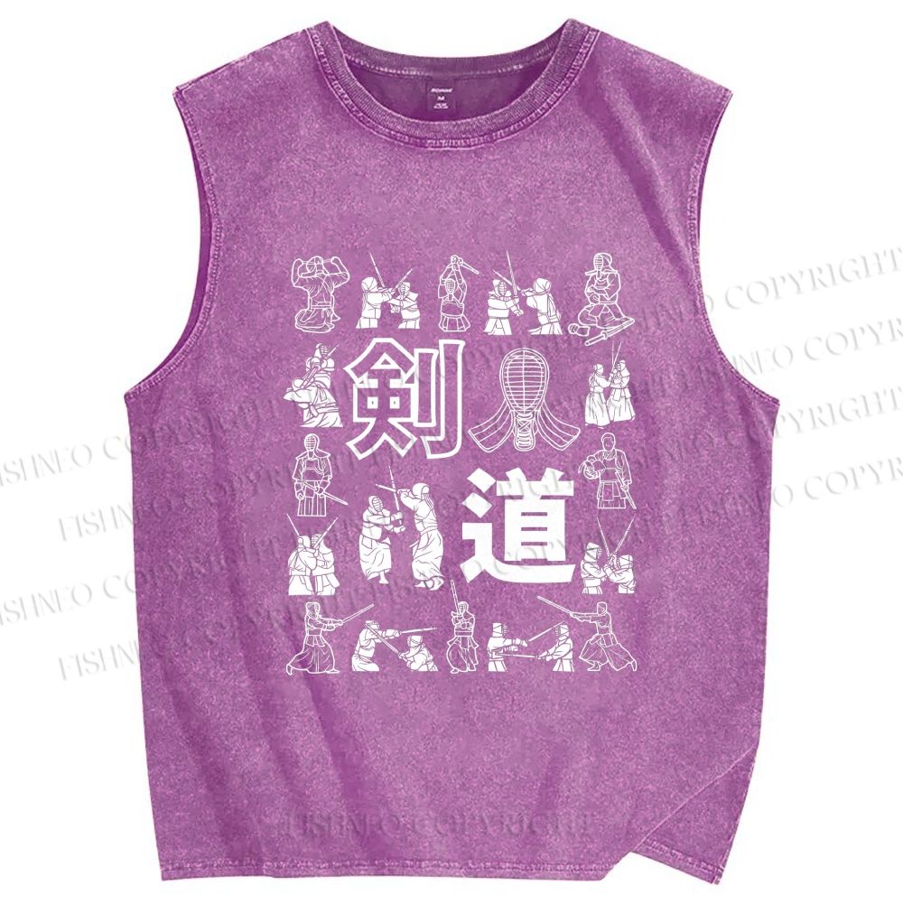 Unisex Kendo Form Diagram Printed Washed Tank Top
