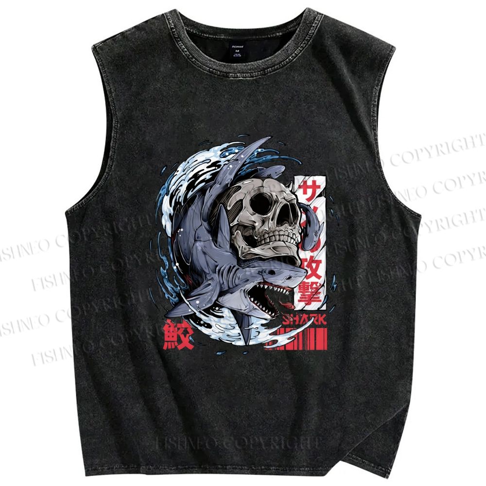 Unisex Deadly Shark Printed Washed Tank Top