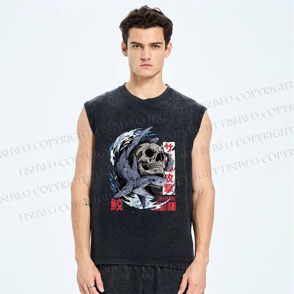 Unisex Deadly Shark Printed Washed Tank Top