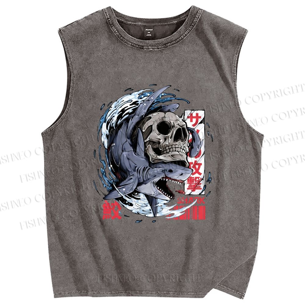 Unisex Deadly Shark Printed Washed Tank Top