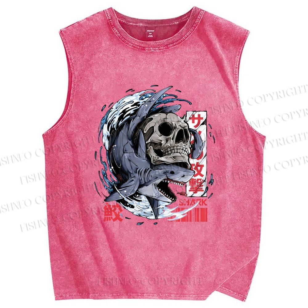 Unisex Deadly Shark Printed Washed Tank Top