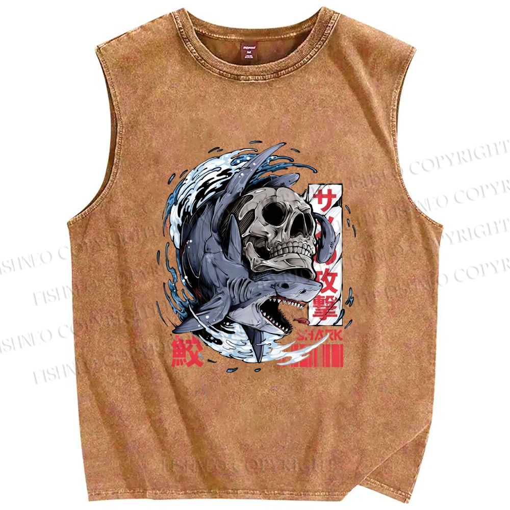 Unisex Deadly Shark Printed Washed Tank Top