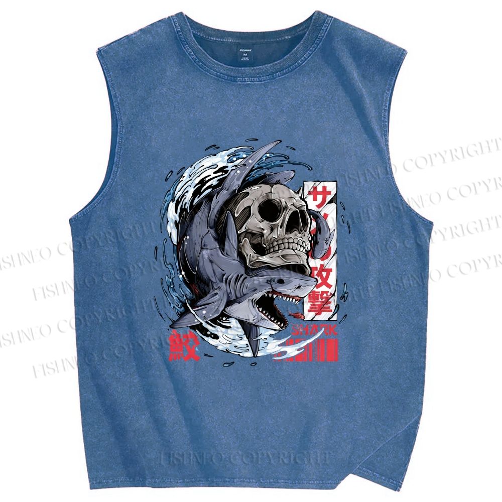 Unisex Deadly Shark Printed Washed Tank Top