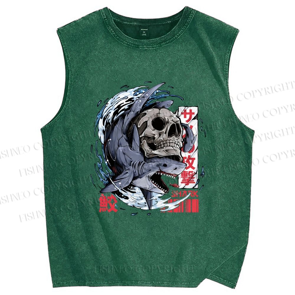Unisex Deadly Shark Printed Washed Tank Top