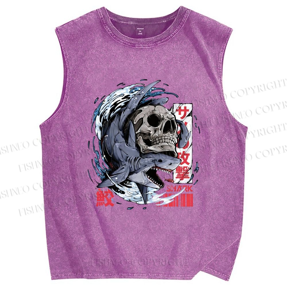 Unisex Deadly Shark Printed Washed Tank Top