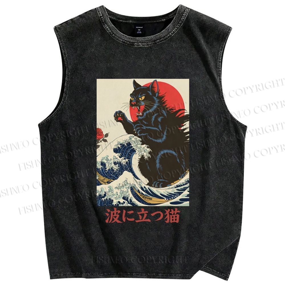 Unisex Monster Cat Standing In The Waves Printed Washed Tank Top