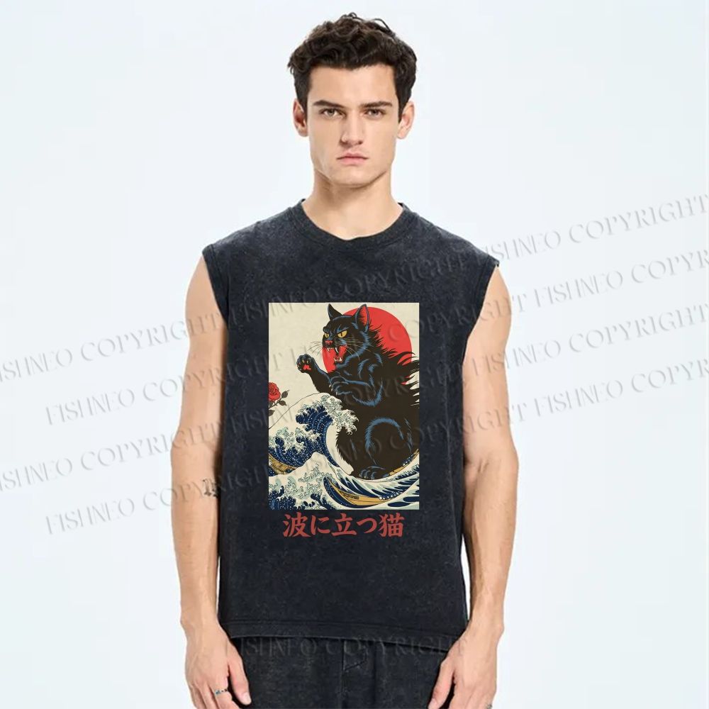 Unisex Monster Cat Standing In The Waves Printed Washed Tank Top