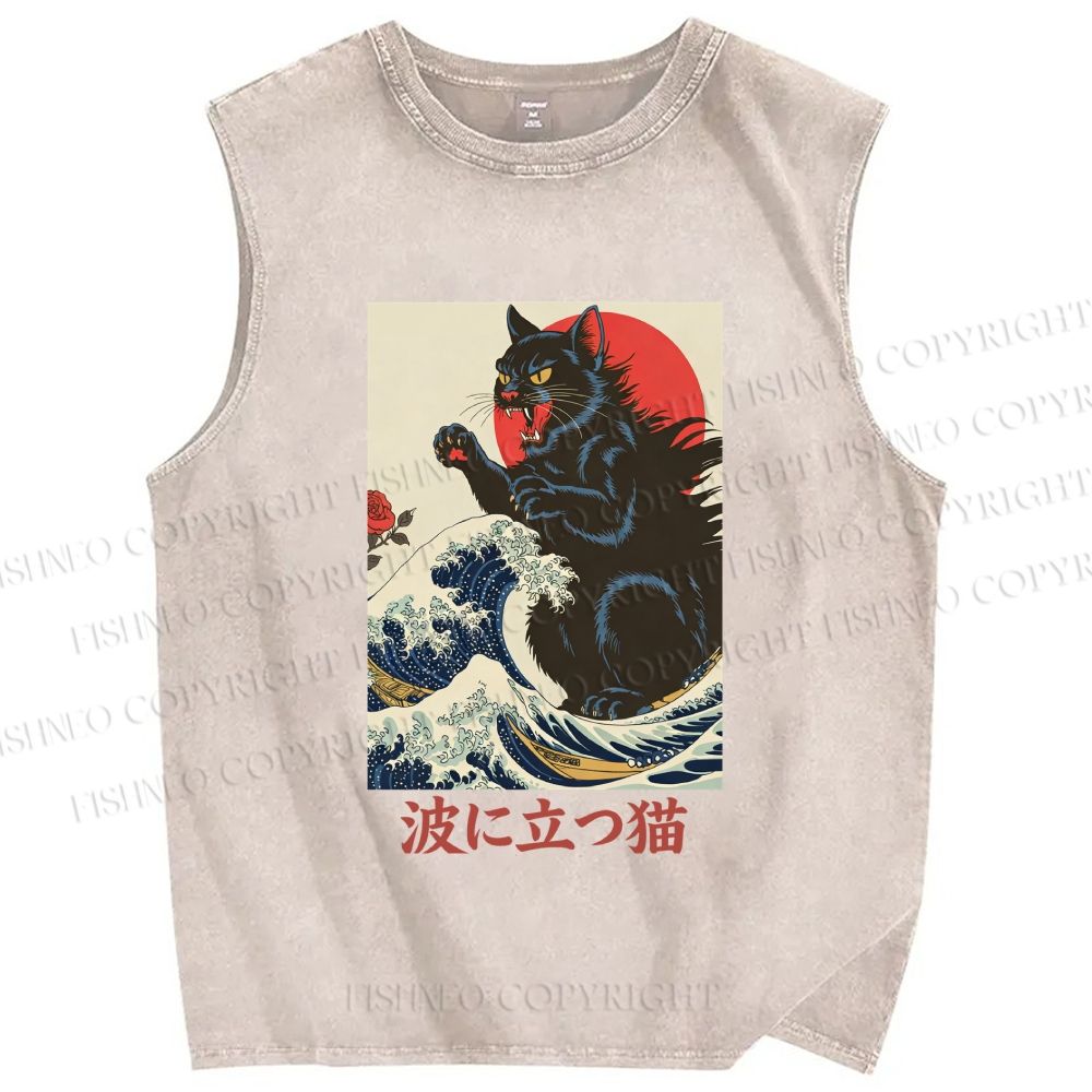 Unisex Monster Cat Standing In The Waves Printed Washed Tank Top