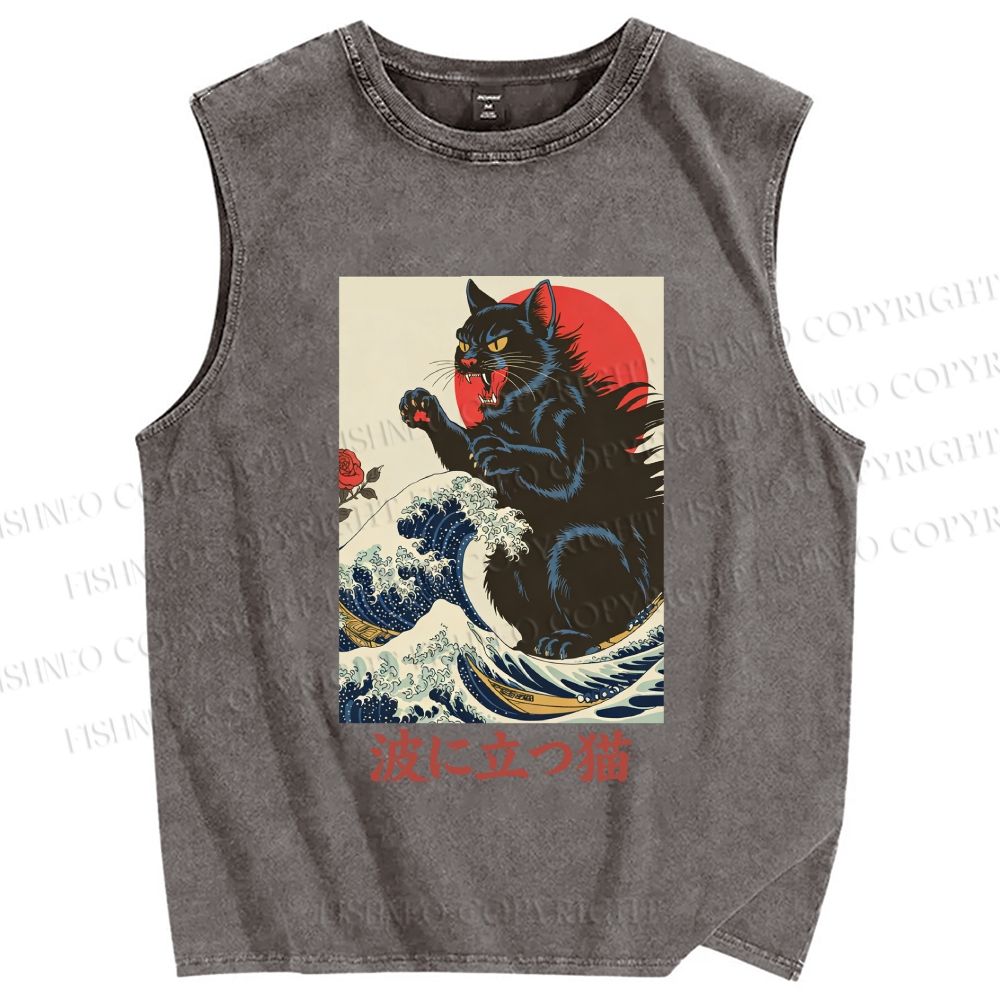 Unisex Monster Cat Standing In The Waves Printed Washed Tank Top