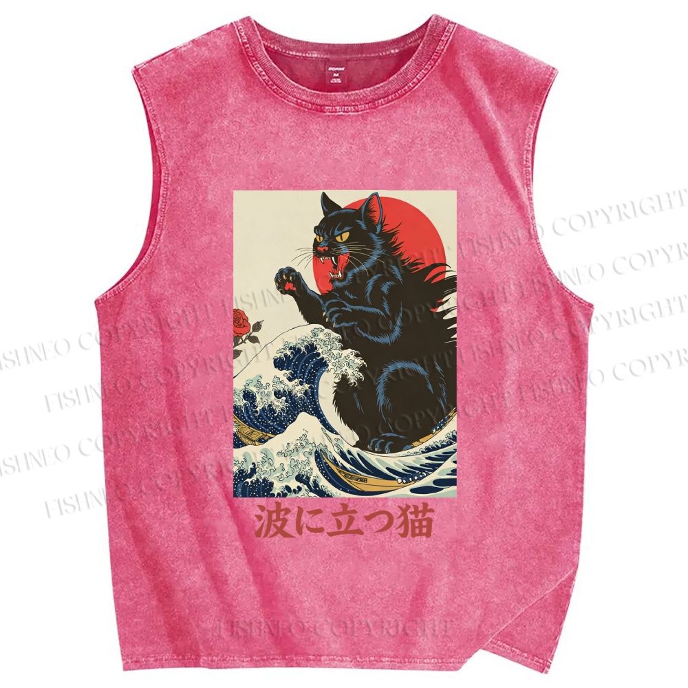 Unisex Monster Cat Standing In The Waves Printed Washed Tank Top