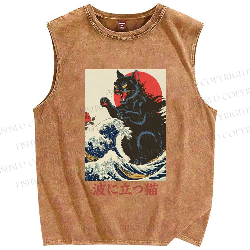 Unisex Monster Cat Standing In The Waves Printed Washed Tank Top
