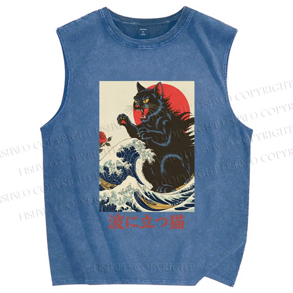Unisex Monster Cat Standing In The Waves Printed Washed Tank Top