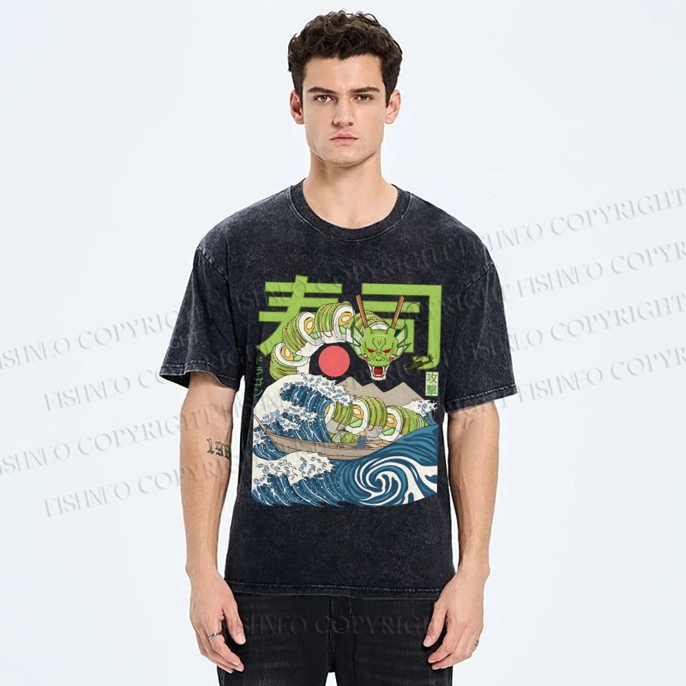 Unisex Sushi Dragon In The Waves Printed Washed Tee
