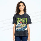 Unisex Sushi Dragon In The Waves Printed Washed Tee