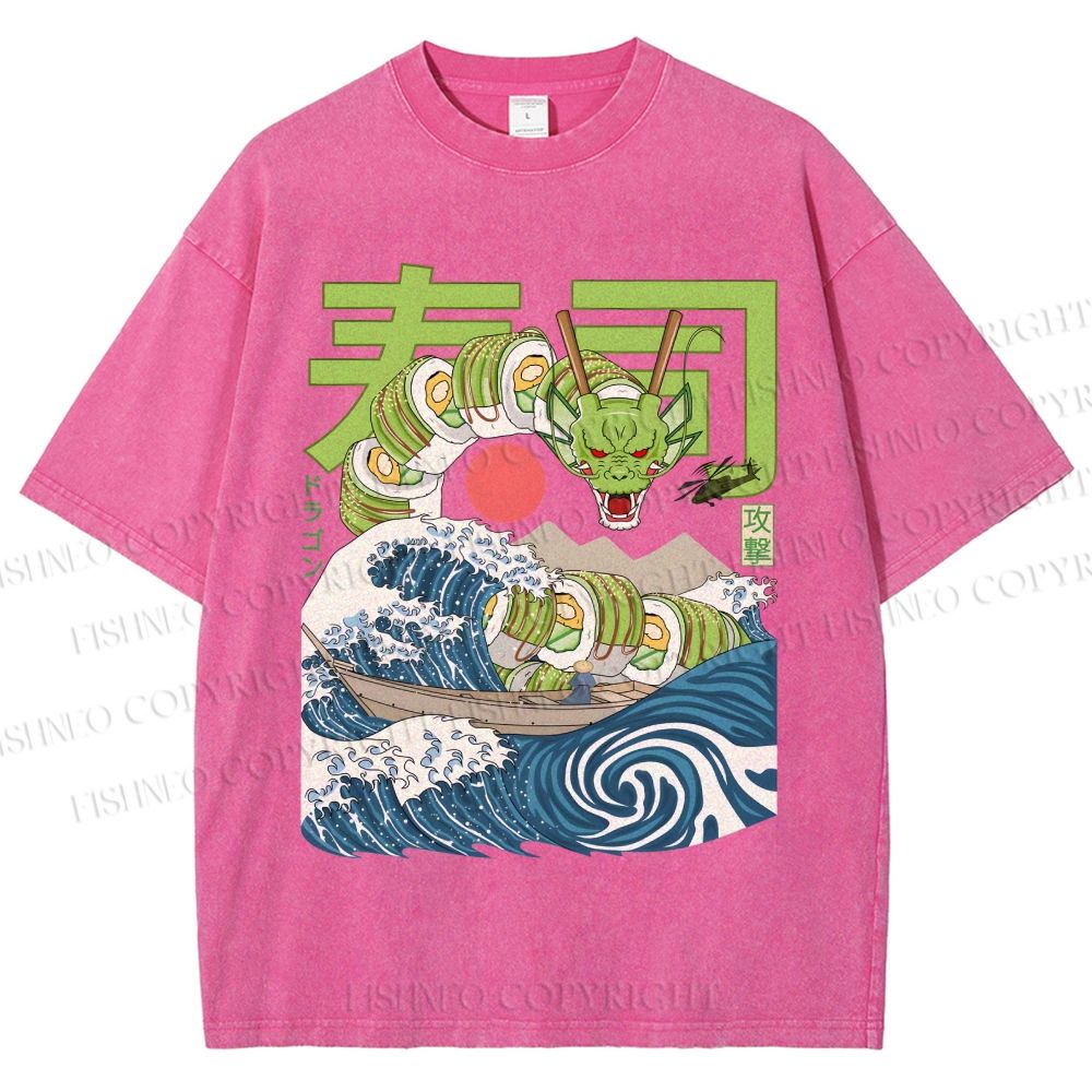 Unisex Sushi Dragon In The Waves Printed Washed Tee
