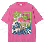 Unisex Sushi Dragon In The Waves Printed Washed Tee