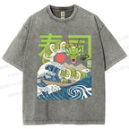 Unisex Sushi Dragon In The Waves Printed Washed Tee