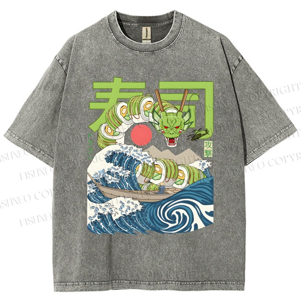 Unisex Sushi Dragon In The Waves Printed Washed Tee