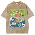 Unisex Sushi Dragon In The Waves Printed Washed Tee
