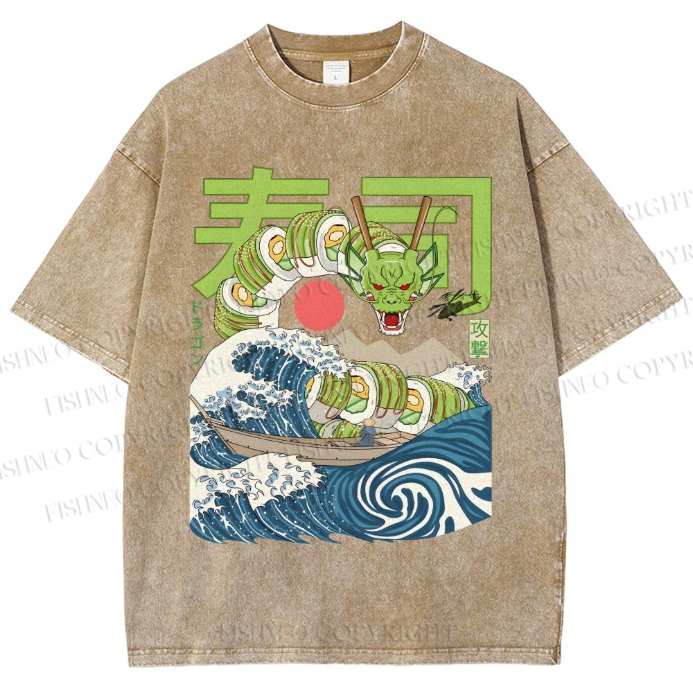 Unisex Sushi Dragon In The Waves Printed Washed Tee