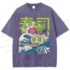 Unisex Sushi Dragon In The Waves Printed Washed Tee