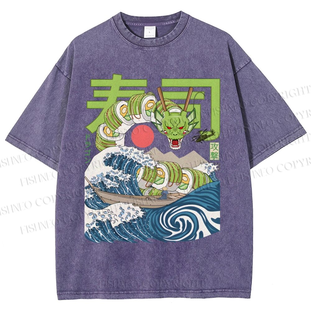 Unisex Sushi Dragon In The Waves Printed Washed Tee