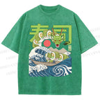 Unisex Sushi Dragon In The Waves Printed Washed Tee