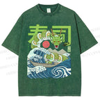 Unisex Sushi Dragon In The Waves Printed Washed Tee