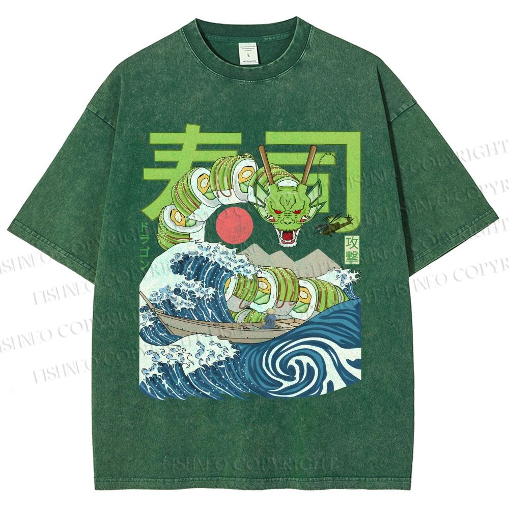 Unisex Sushi Dragon In The Waves Printed Washed Tee