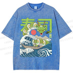 Unisex Sushi Dragon In The Waves Printed Washed Tee