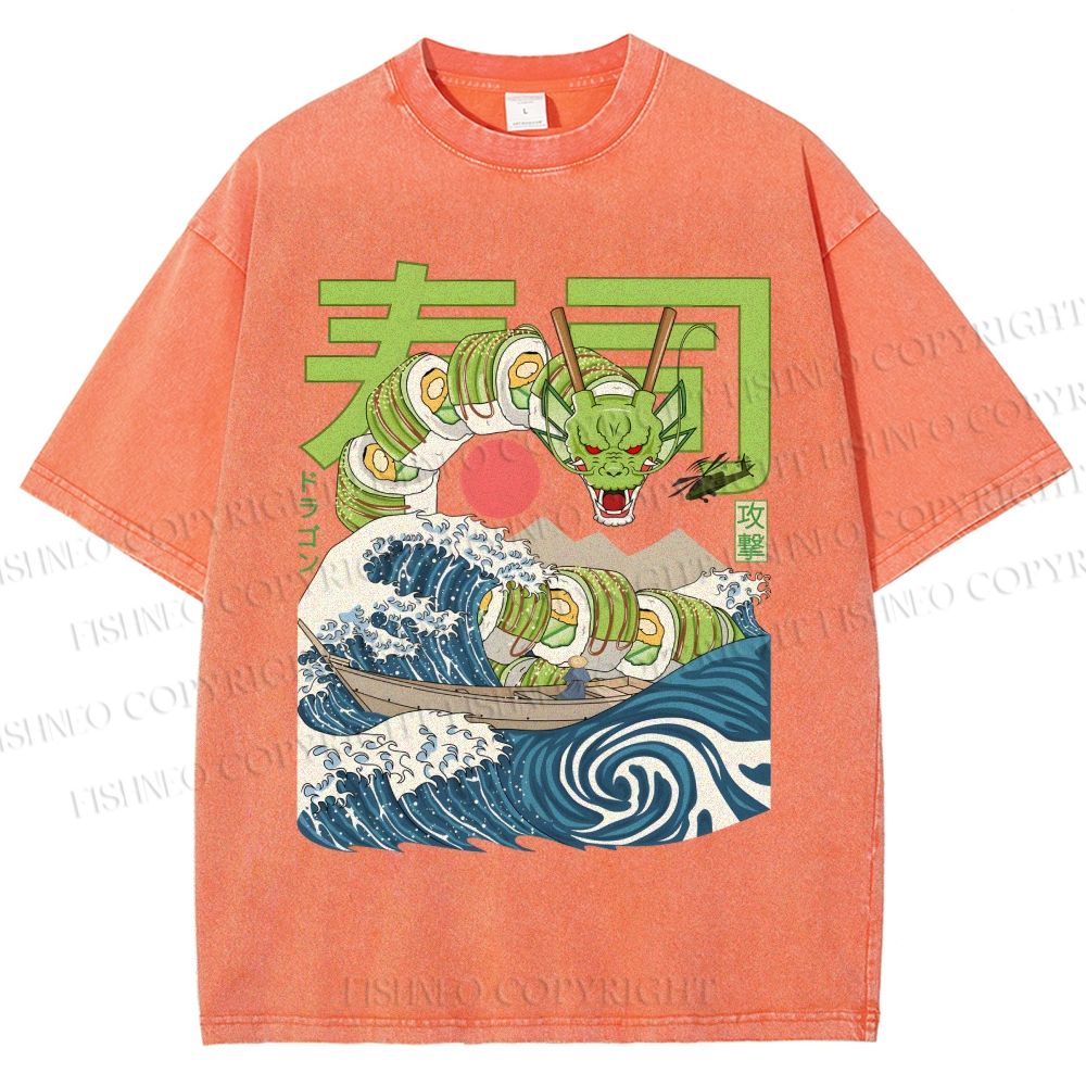 Unisex Sushi Dragon In The Waves Printed Washed Tee