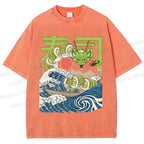 Unisex Sushi Dragon In The Waves Printed Washed Tee