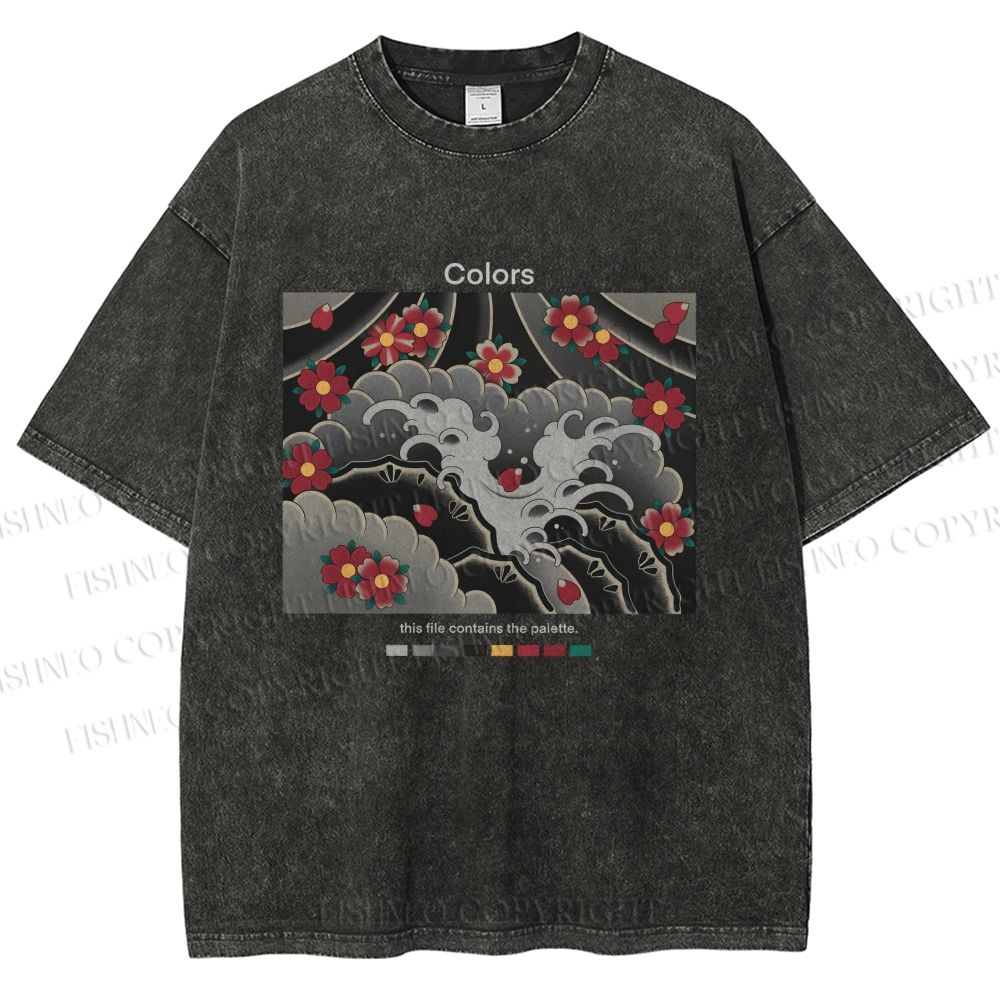 Unisex Waves And Cherry Blossoms Printed Washed Tee