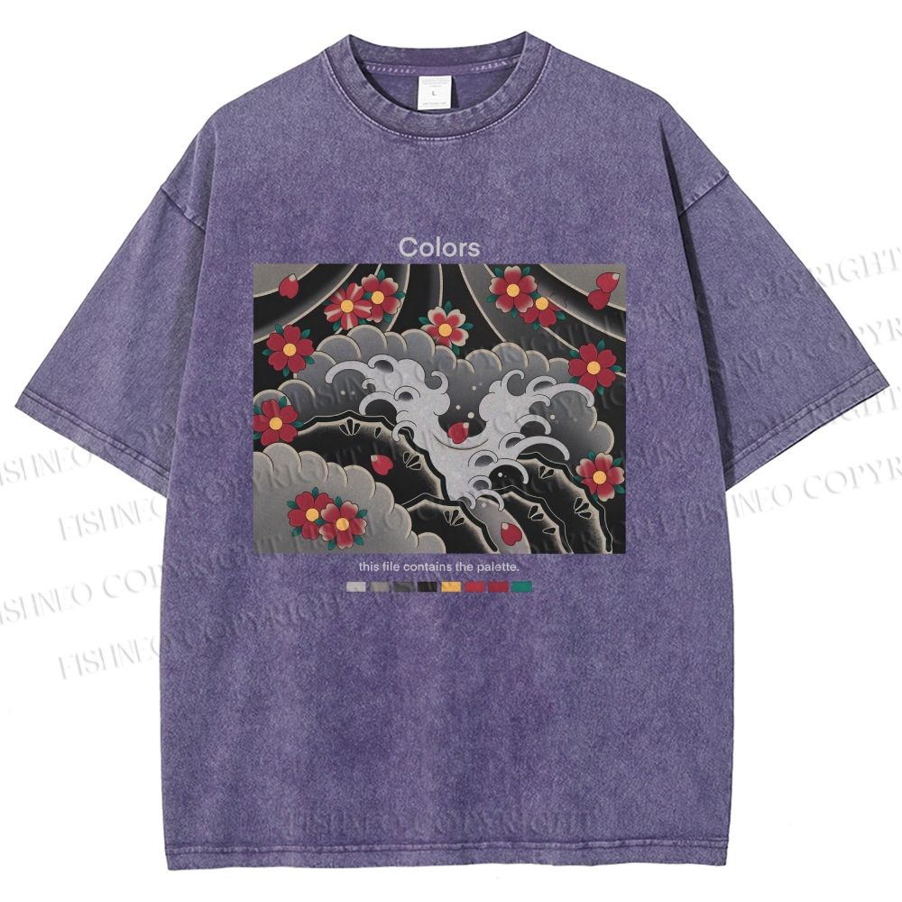 Unisex Waves And Cherry Blossoms Printed Washed Tee