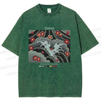 Unisex Waves And Cherry Blossoms Printed Washed Tee
