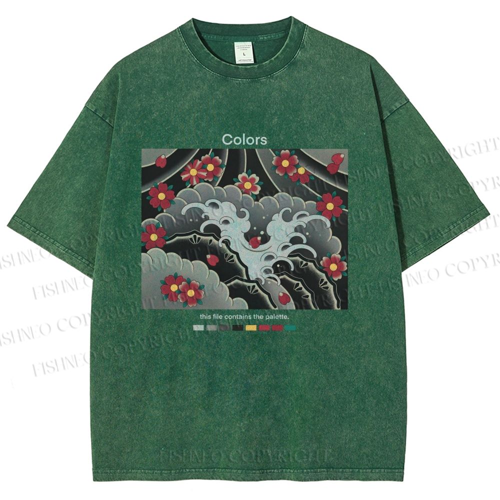 Unisex Waves And Cherry Blossoms Printed Washed Tee