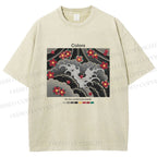 Unisex Waves And Cherry Blossoms Printed Washed Tee