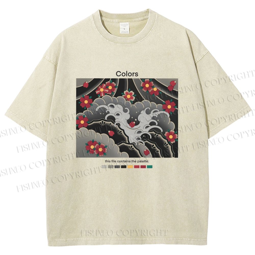 Unisex Waves And Cherry Blossoms Printed Washed Tee
